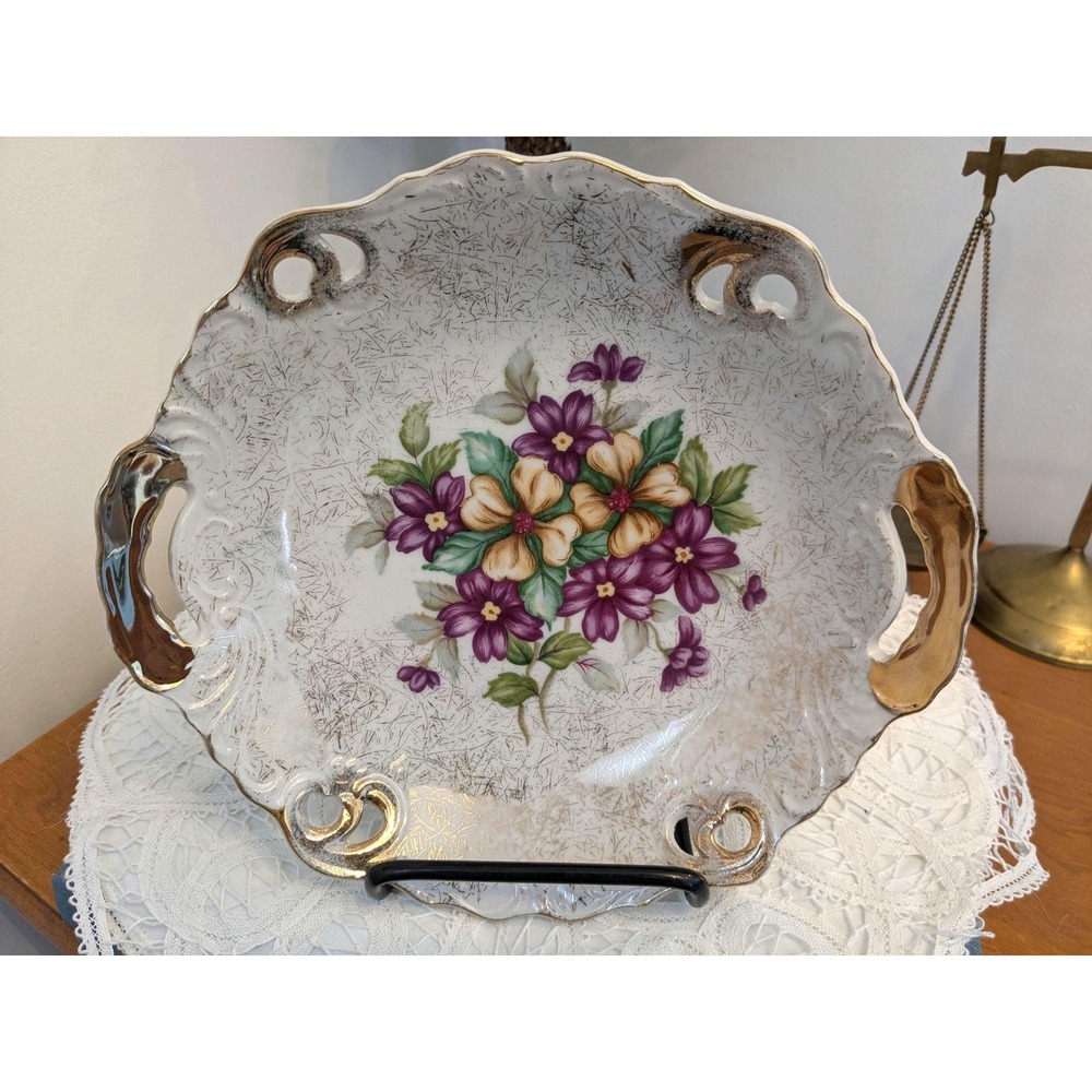 Vintage Trimont Ware Japan Floral Plate with Handle, Violet Flower Porcelain